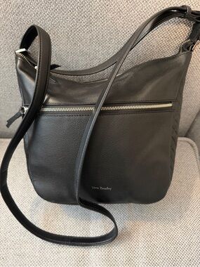 Vera Bradley Black Leather hobo Bag with Front Zip, shoulder and hand strap